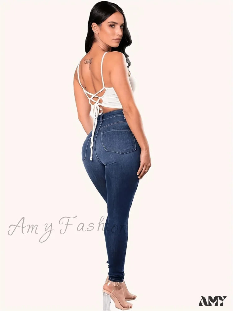 Amy Fashion - Blue Ripped Holes Skinny Distressed High Waist Slim Fit Slash Pockets Denim Jean