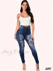 Amy Fashion - Blue Ripped Holes Skinny Distressed High Waist Slim Fit Slash Pockets Denim Jean