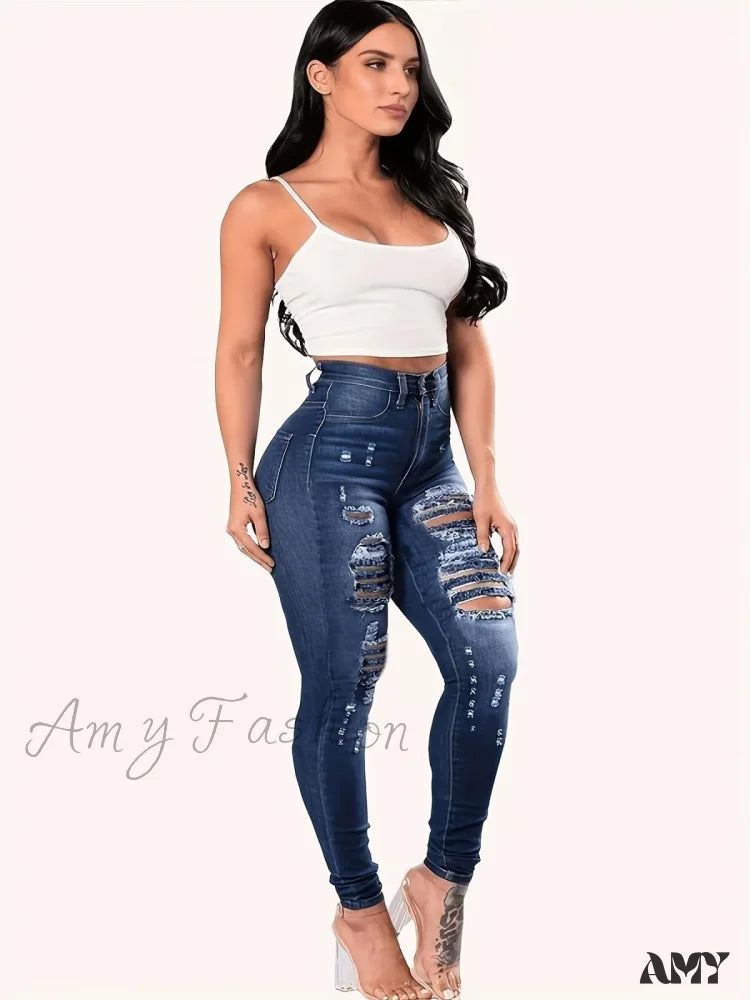 Amy Fashion - Blue Ripped Holes Skinny Distressed High Waist Slim Fit Slash Pockets Denim Jean