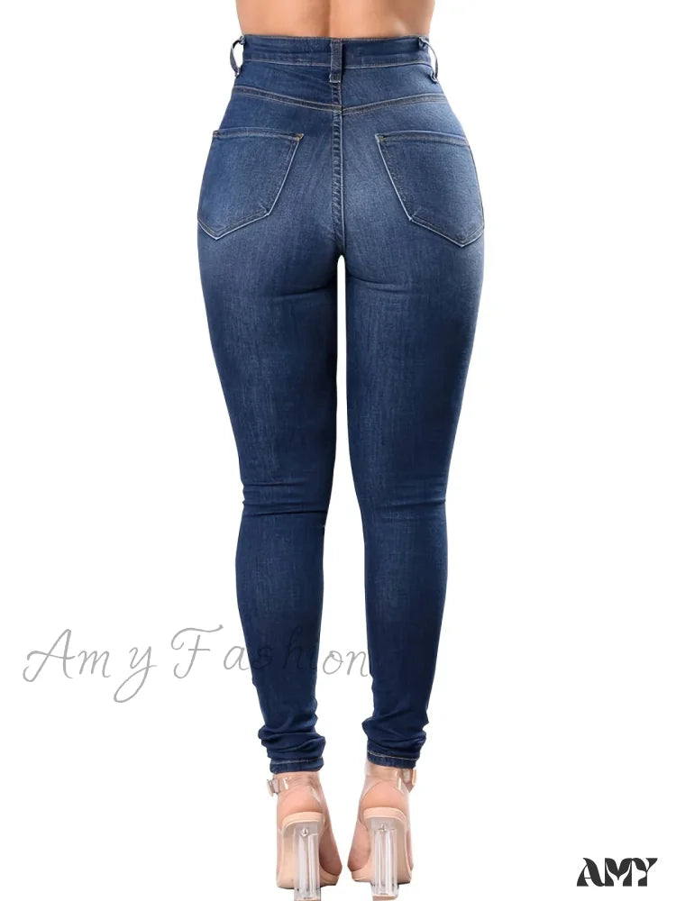 Amy Fashion - Blue Ripped Holes Skinny Distressed High Waist Slim Fit Slash Pockets Denim Jean