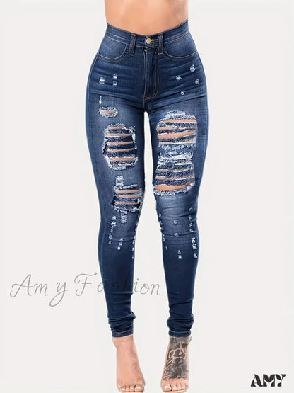 Amy Fashion - Blue Ripped Holes Skinny Distressed High Waist Slim Fit Slash Pockets Denim Jean Deep