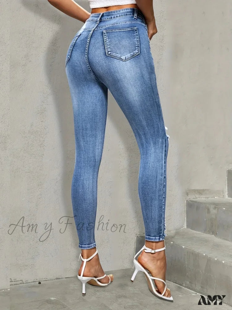 Amy Fashion - Blue Ripped Holes Skinny Slim Fit High Stretch Distressed Tight Women’s Denim &