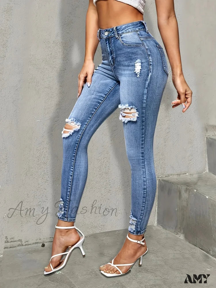 Amy Fashion - Blue Ripped Holes Skinny Slim Fit High Stretch Distressed Tight Women’s Denim &