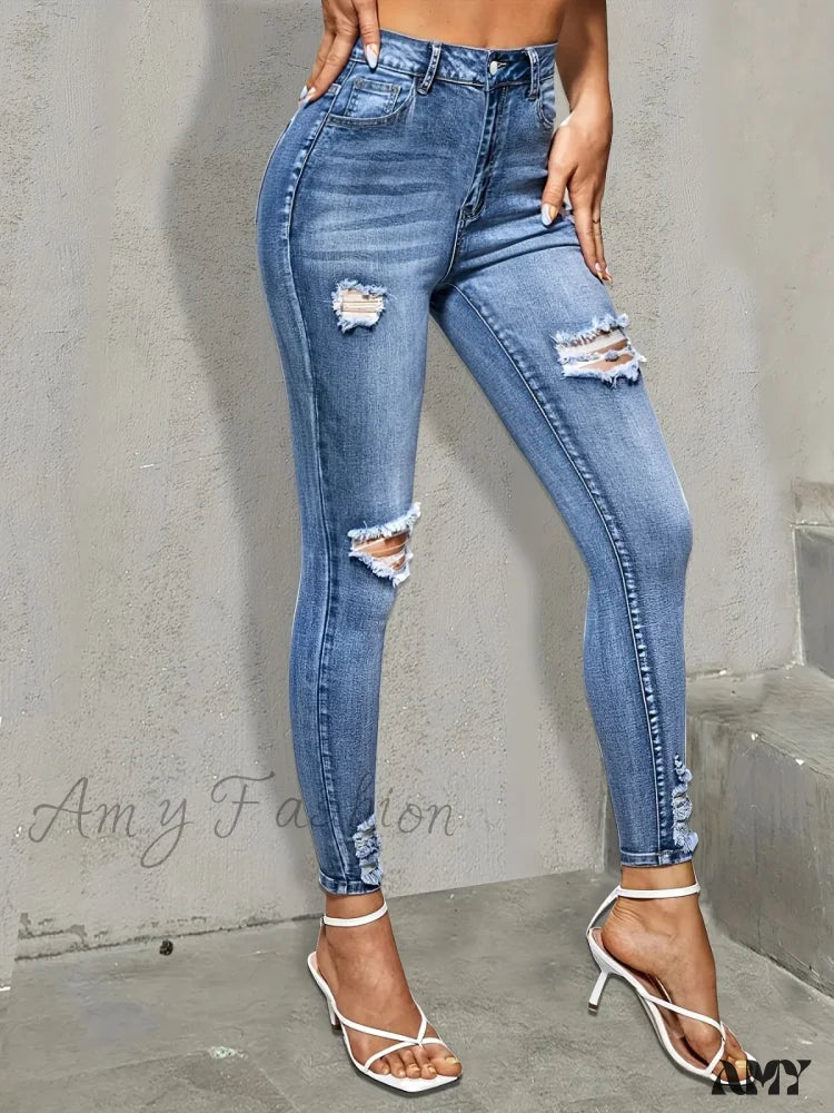 Amy Fashion - Blue Ripped Holes Skinny Slim Fit High Stretch Distressed Tight Women’s Denim &