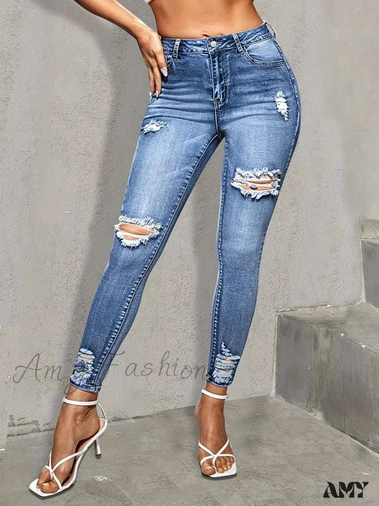 Amy Fashion - Blue Ripped Holes Skinny Slim Fit High Stretch Distressed Tight Women’s Denim &