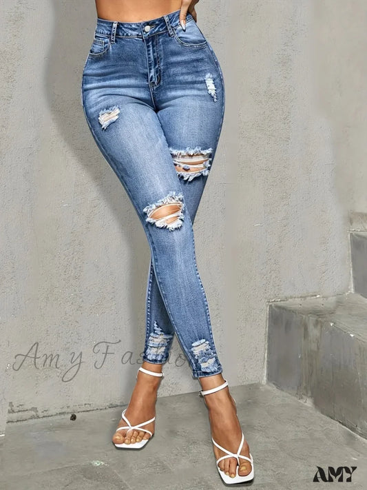 Amy Fashion - Blue Ripped Holes Skinny Slim Fit High Stretch Distressed Tight Women’s Denim &