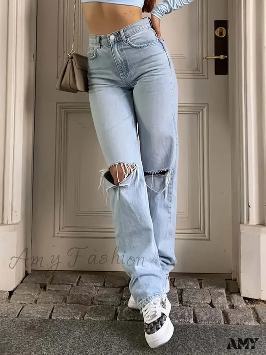 Amy Fashion - Blue Ripped Holes Straight Loose Fit Slant Pockets Non-Stretch Casual Denim Jean