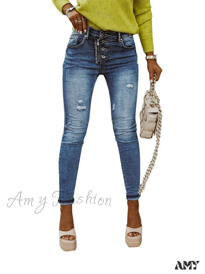 Amy Fashion - Blue Stretch Women’s High Waist Ripped Casual Streetwear Denim Pant Women 2024