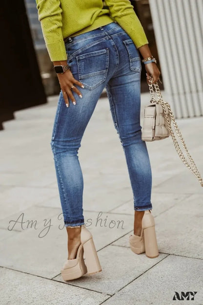 Amy Fashion - Blue Stretch Women’s High Waist Ripped Casual Streetwear Denim Pant Women 2024