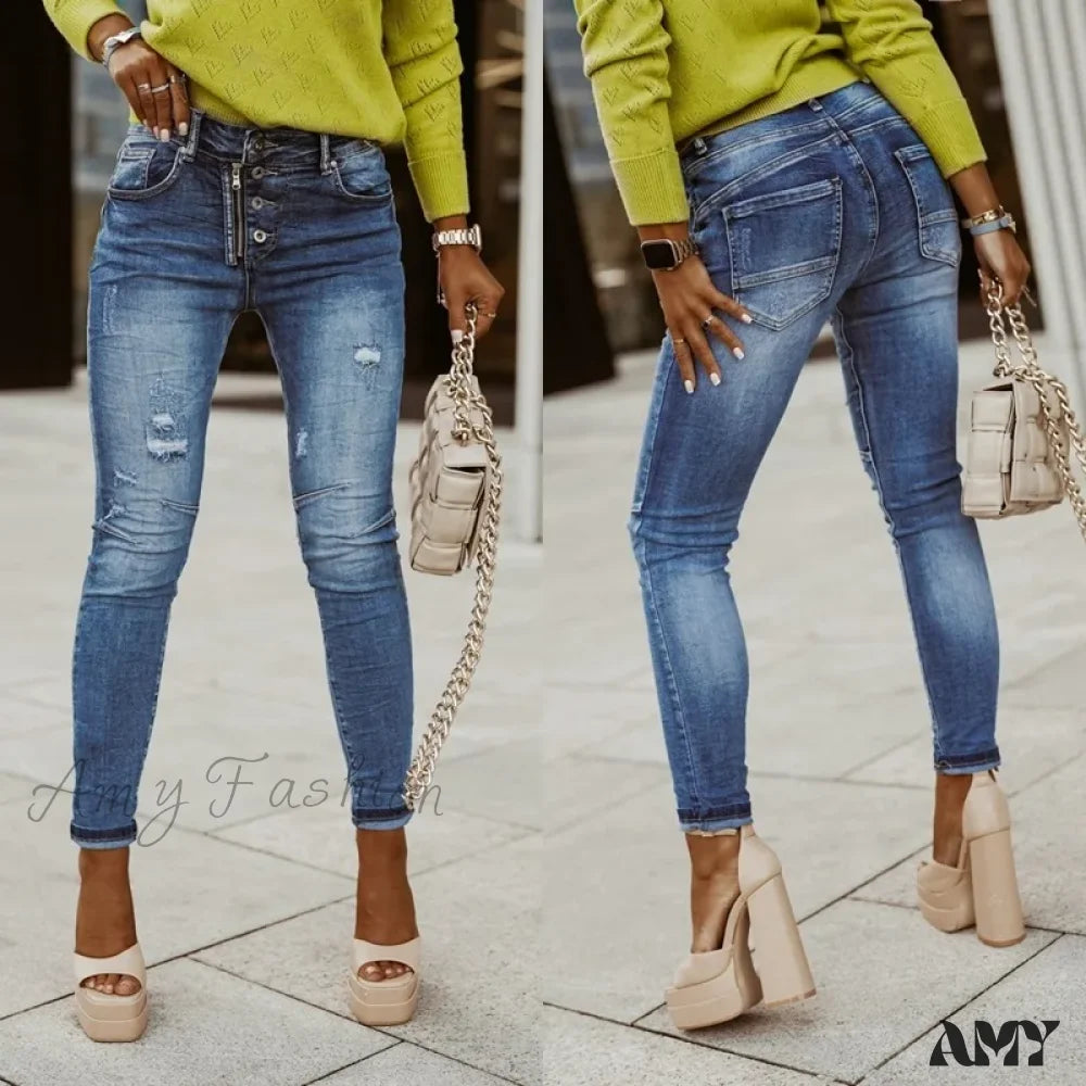 Amy Fashion - Blue Stretch Women’s High Waist Ripped Casual Streetwear Denim Pant Women 2024