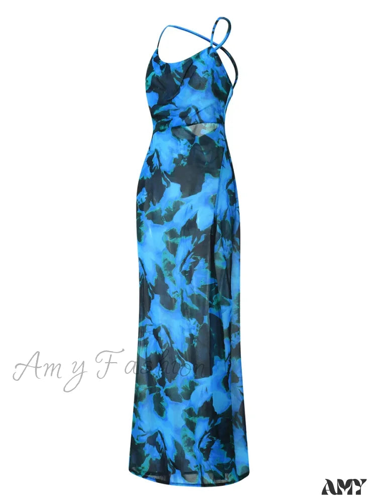 Amy Fashion - Blue Tie-Dyed Suspender Backless High Slit Boho Dress