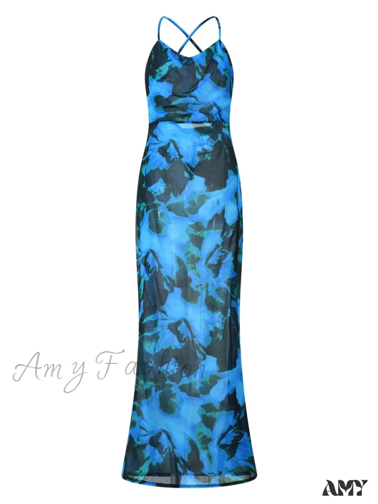 Amy Fashion - Blue Tie-Dyed Suspender Backless High Slit Boho Dress