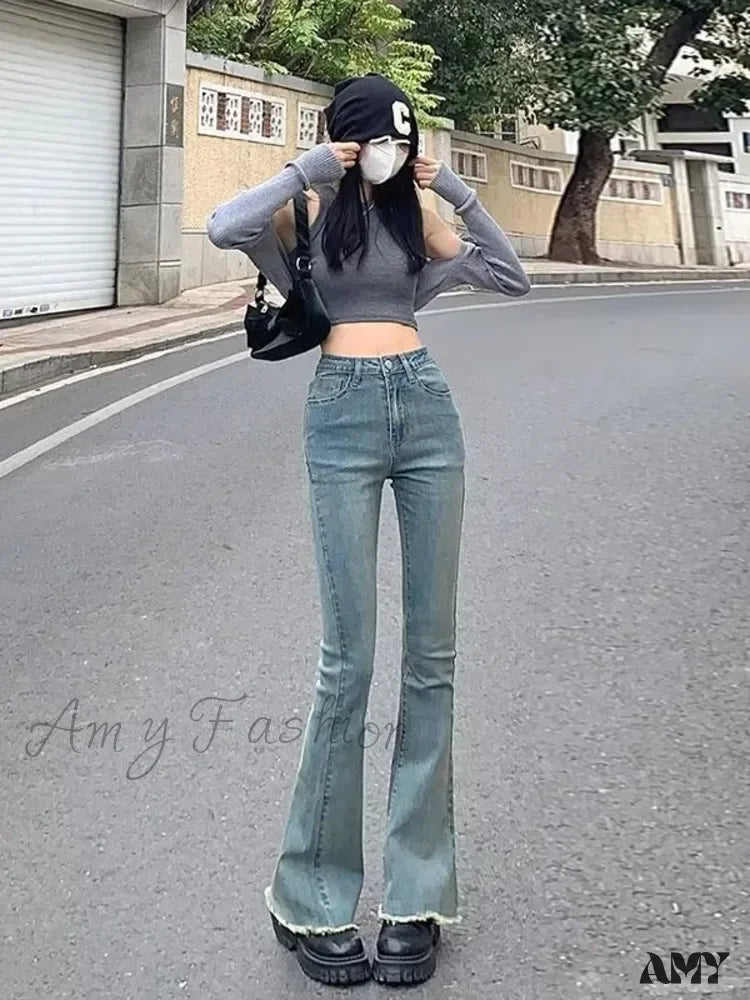 Amy Fashion - Blue Vintage Quality Straight High-Waisted Denim Casual Floor Length Jean