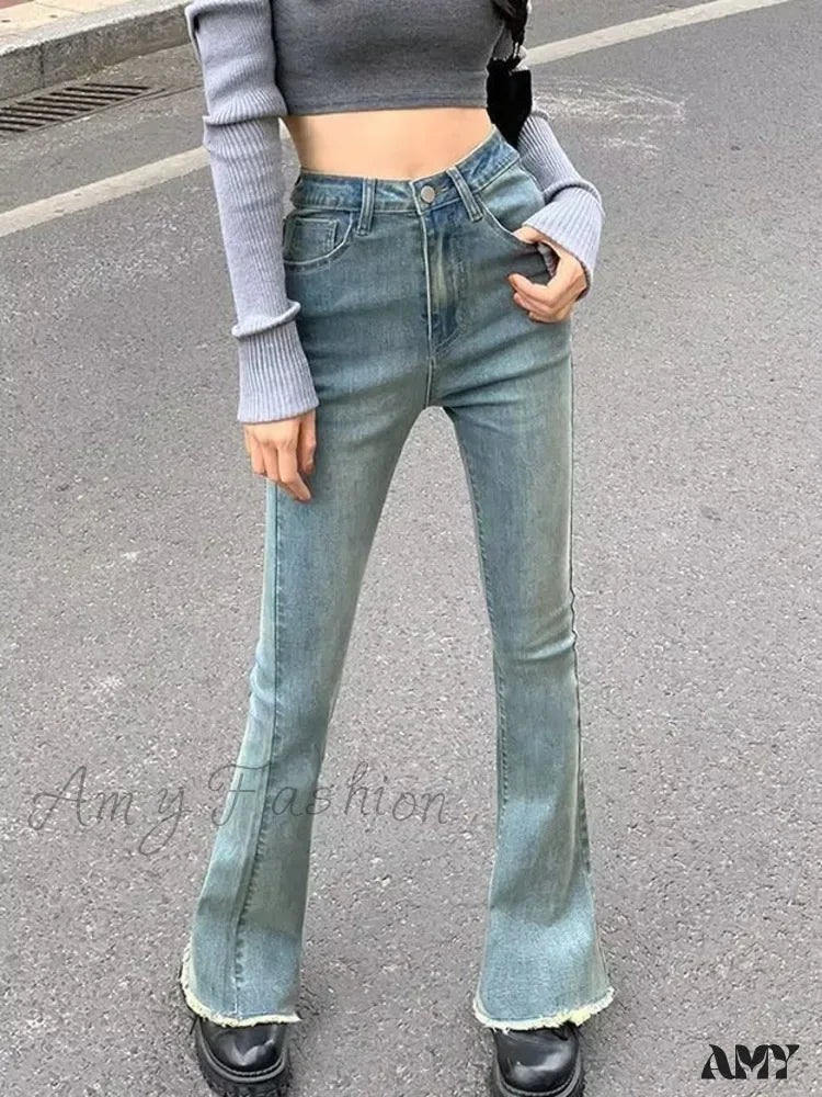 Amy Fashion - Blue Vintage Quality Straight High-Waisted Denim Casual Floor Length Jean