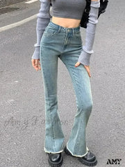Amy Fashion - Blue Vintage Quality Straight High-Waisted Denim Casual Floor Length Jean / S