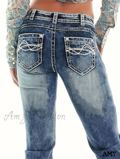 Amy Fashion - Blue Washed Casual Tight Slim Fit Mid Stretch Slant Pockets Skinny Denim Jean