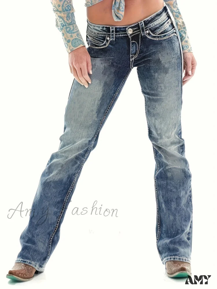 Amy Fashion - Blue Washed Casual Tight Slim Fit Mid Stretch Slant Pockets Skinny Denim Jean