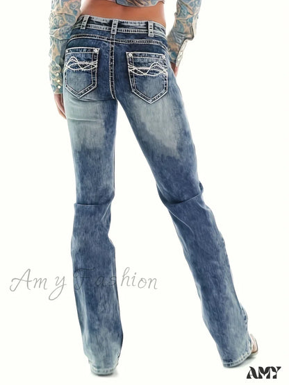 Amy Fashion - Blue Washed Casual Tight Slim Fit Mid Stretch Slant Pockets Skinny Denim Jean