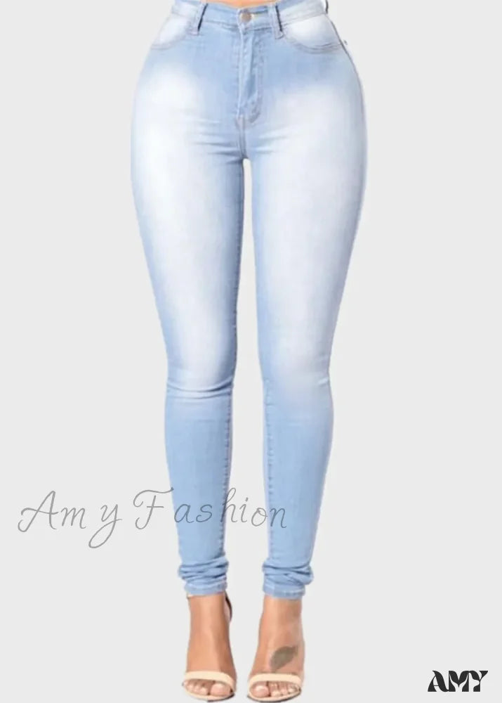 Amy Fashion - Blue Women High Waist Slim Fit Denim Pencil Pants Vintage Bootcut Pull-On Skinny Jean