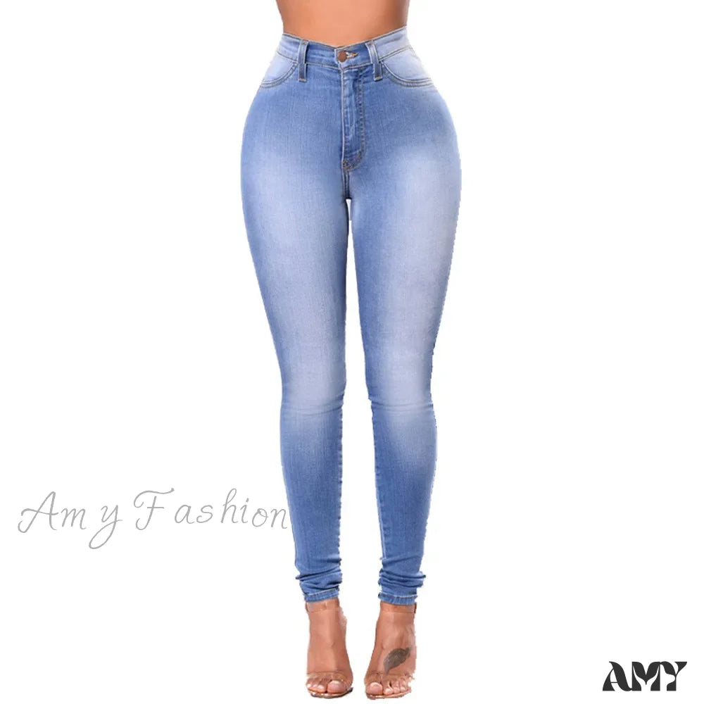 Amy Fashion - Blue Women High Waist Slim Fit Denim Pencil Pants Vintage Bootcut Pull-On Skinny Jean