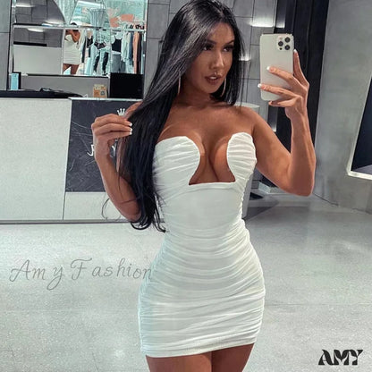 Amy Fashion - Bodycon Ruched Sleeveless Short Tube Dress White / S