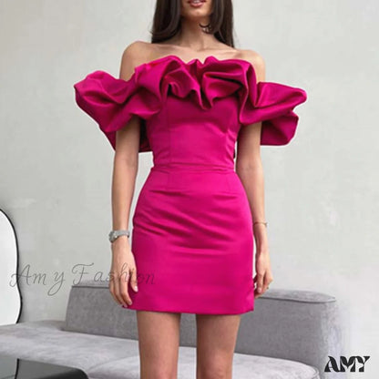 Amy Fashion - Bodycon Solid Color Ruffled Off-Shoulder Dress