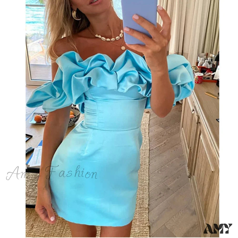 Amy Fashion - Bodycon Solid Color Ruffled Off-Shoulder Dress