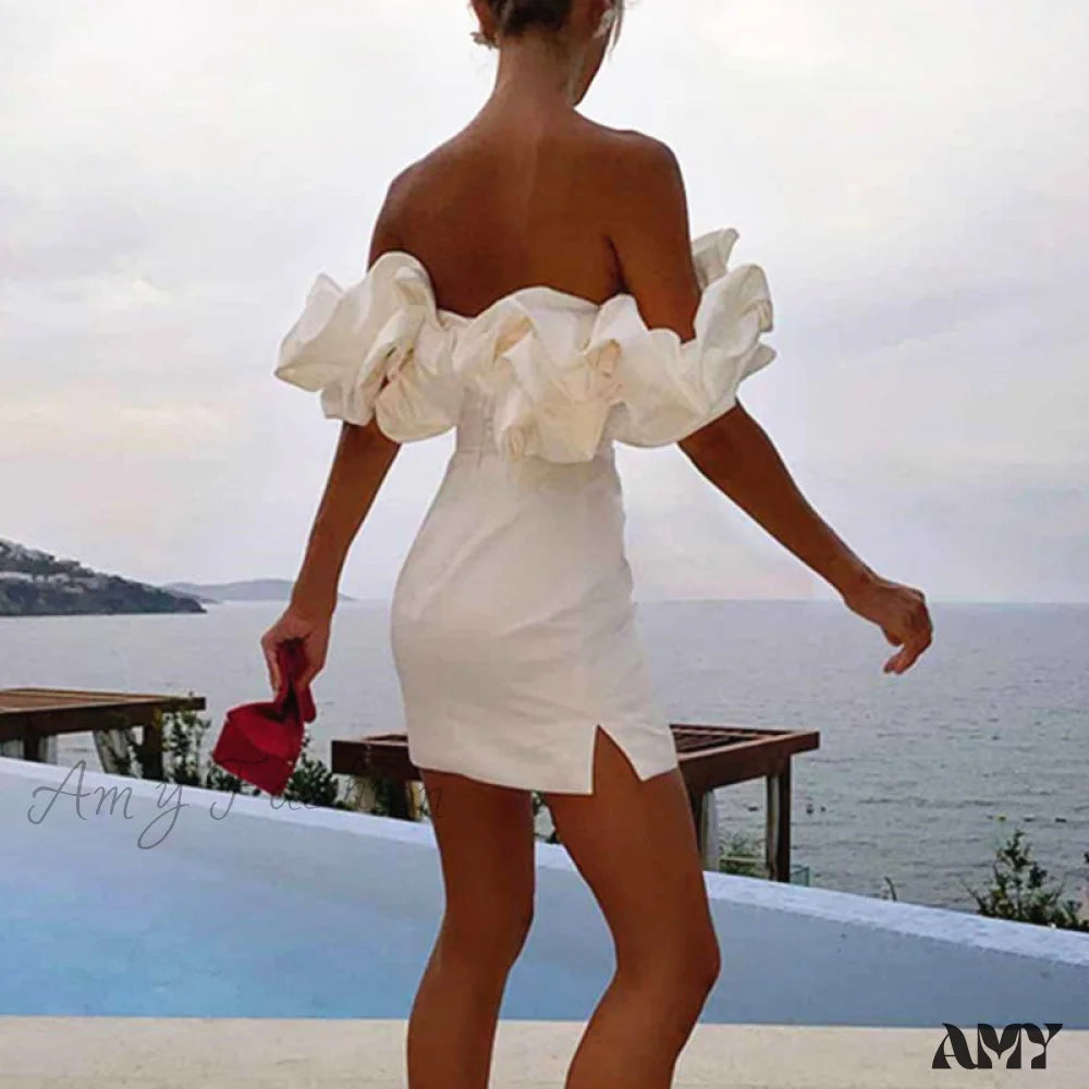 Amy Fashion - Bodycon Solid Color Ruffled Off-Shoulder Dress