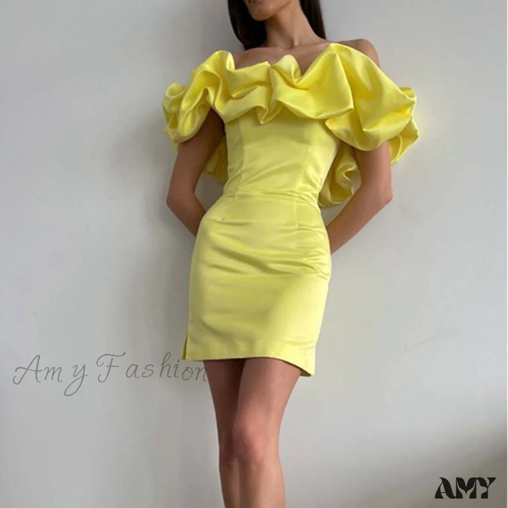 Amy Fashion - Bodycon Solid Color Ruffled Off-Shoulder Dress