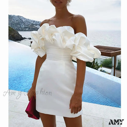 Amy Fashion - Bodycon Solid Color Ruffled Off-Shoulder Dress