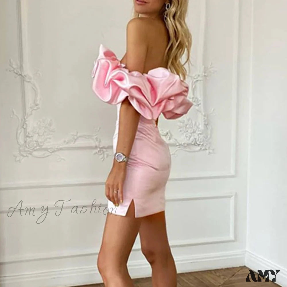 Amy Fashion - Bodycon Solid Color Ruffled Off-Shoulder Dress