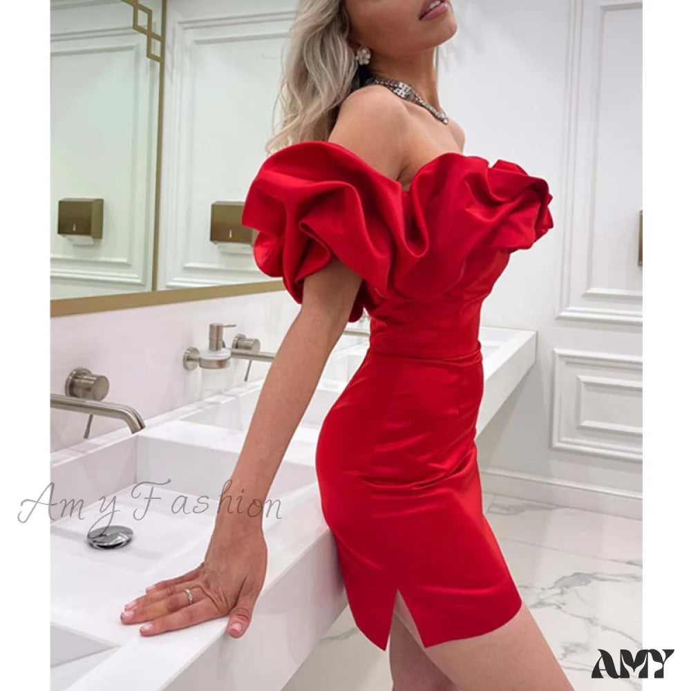 Amy Fashion - Bodycon Solid Color Ruffled Off-Shoulder Dress