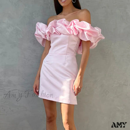 Amy Fashion - Bodycon Solid Color Ruffled Off-Shoulder Dress