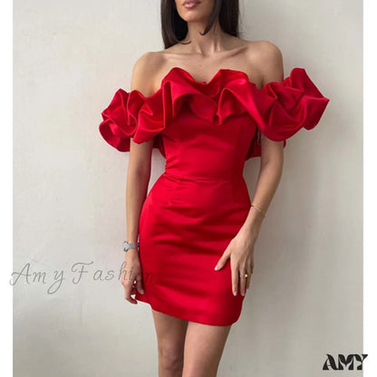 Amy Fashion - Bodycon Solid Color Ruffled Off-Shoulder Dress