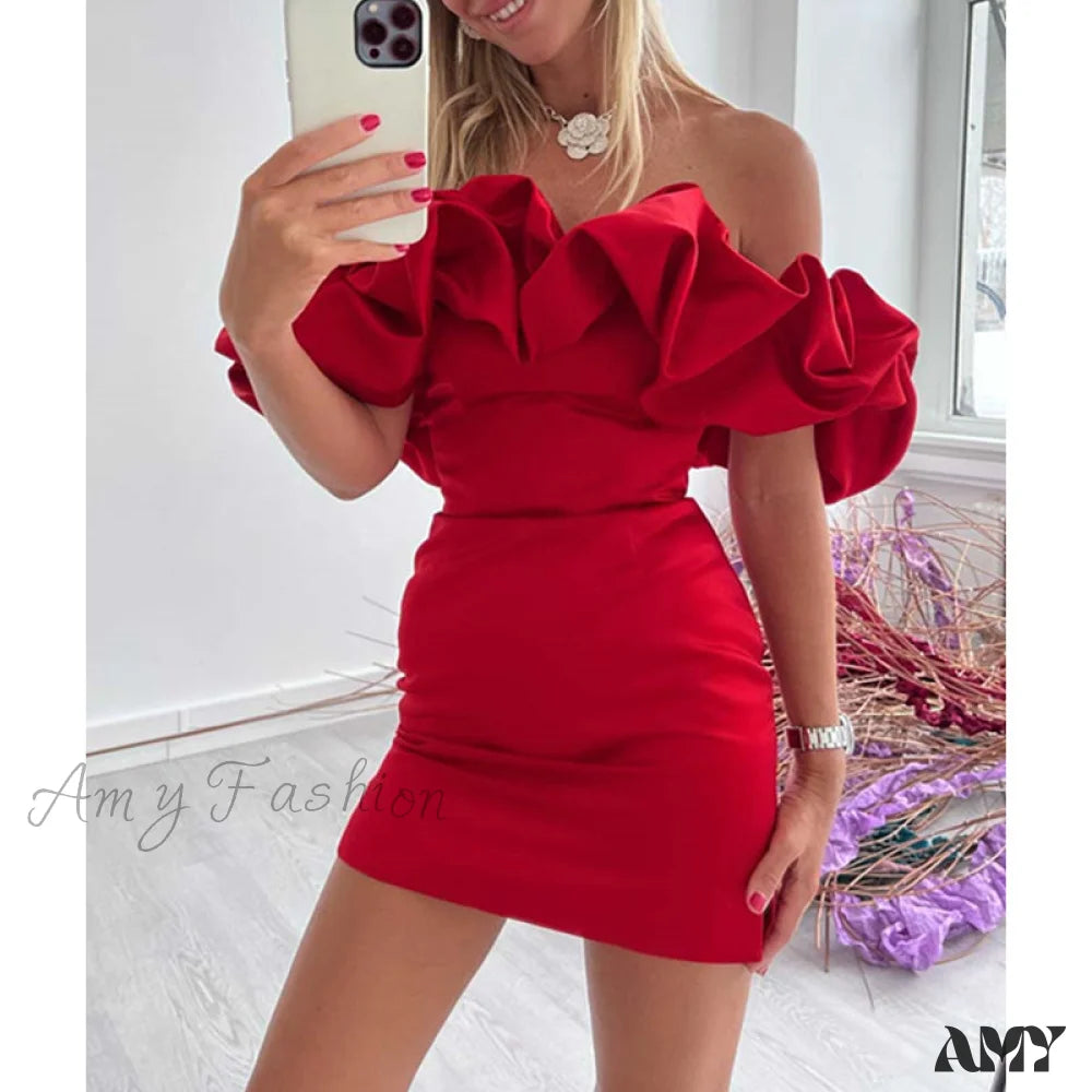 Amy Fashion - Bodycon Solid Color Ruffled Off-Shoulder Dress