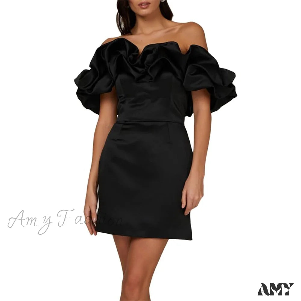 Amy Fashion - Bodycon Solid Color Ruffled Off-Shoulder Dress Black / S