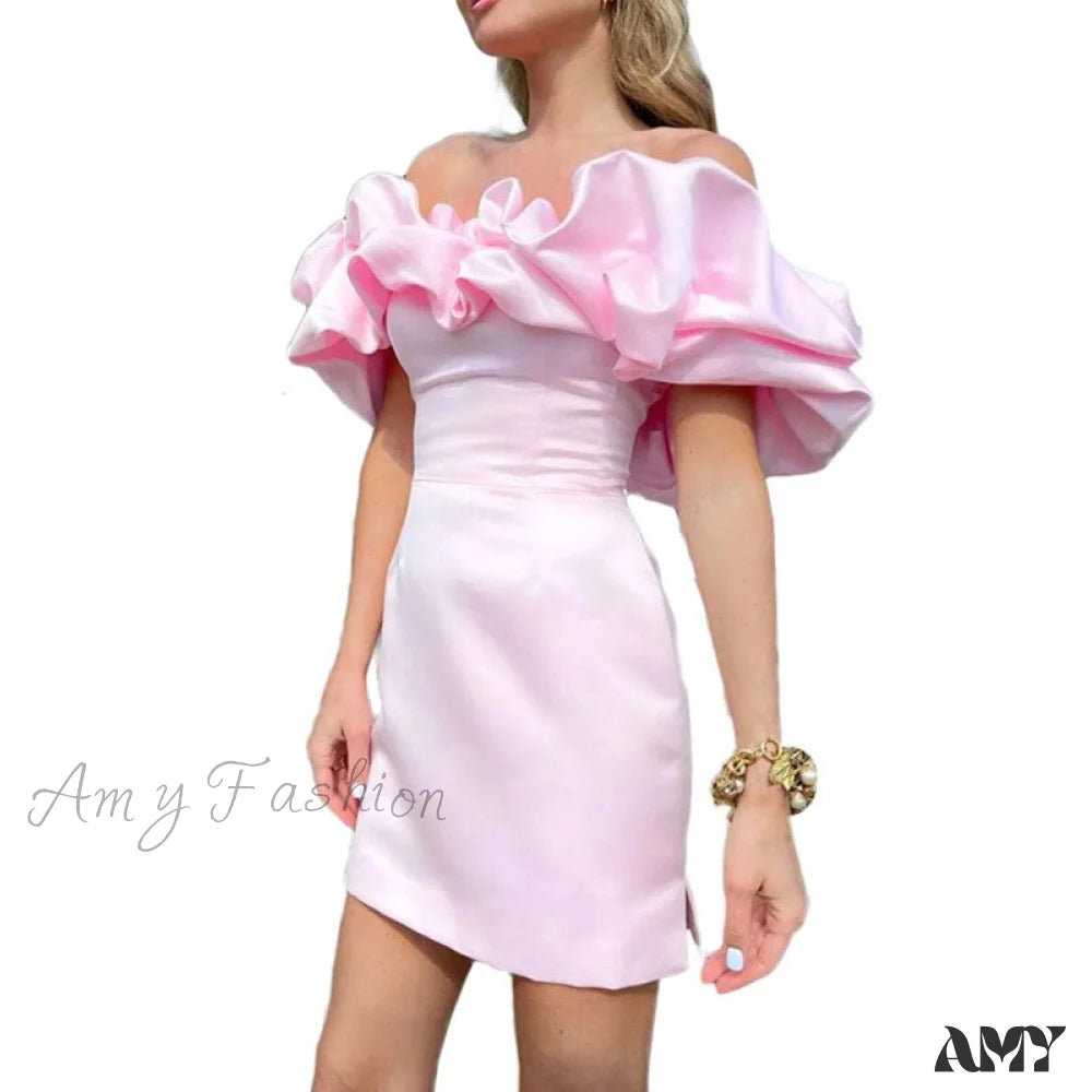 Amy Fashion - Bodycon Solid Color Ruffled Off-Shoulder Dress Pink / S