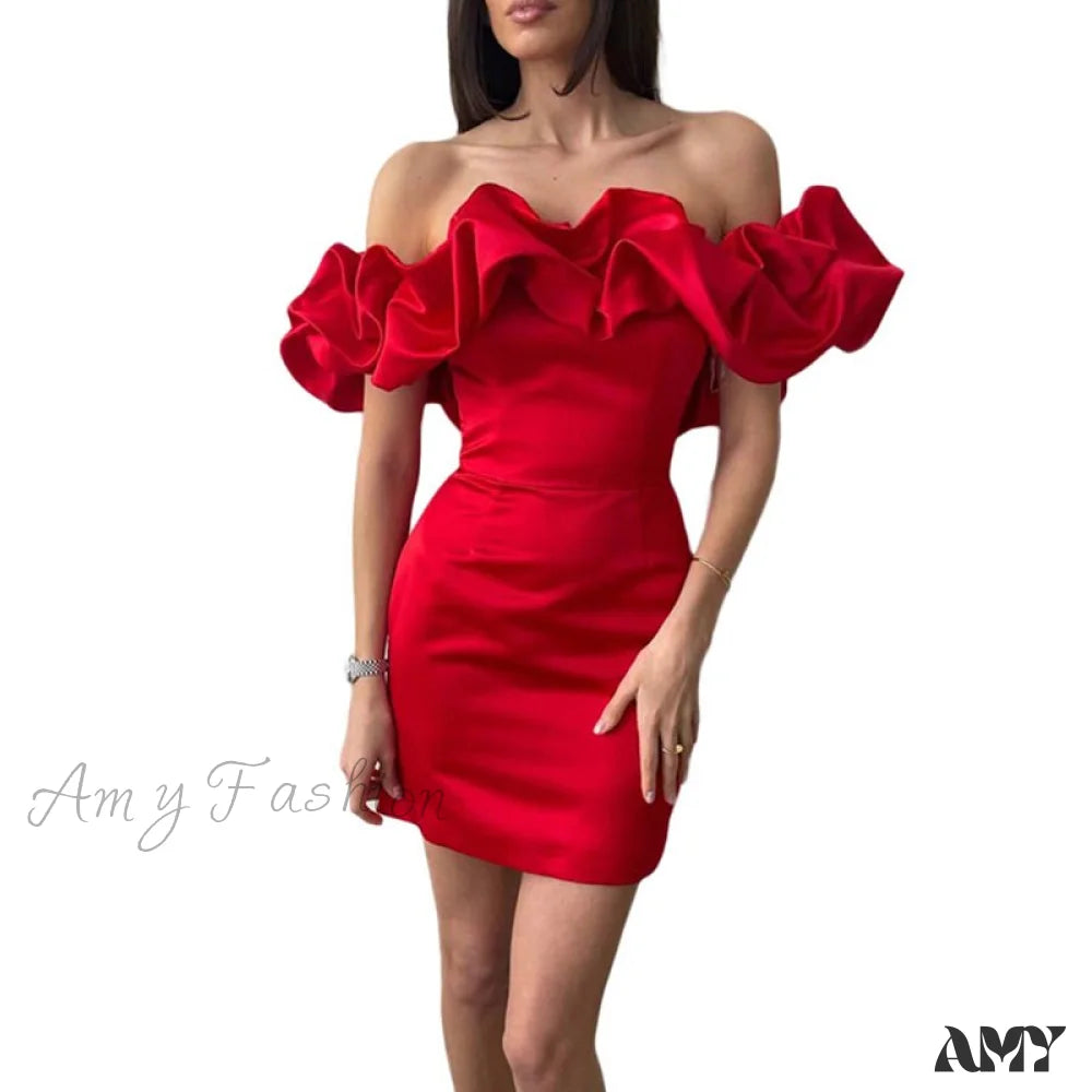 Amy Fashion - Bodycon Solid Color Ruffled Off-Shoulder Dress Red / S