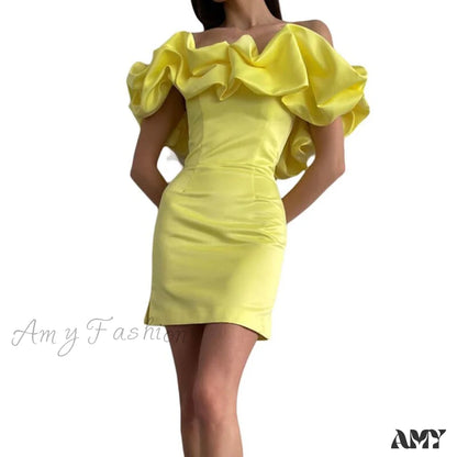 Amy Fashion - Bodycon Solid Color Ruffled Off-Shoulder Dress Yellow / S