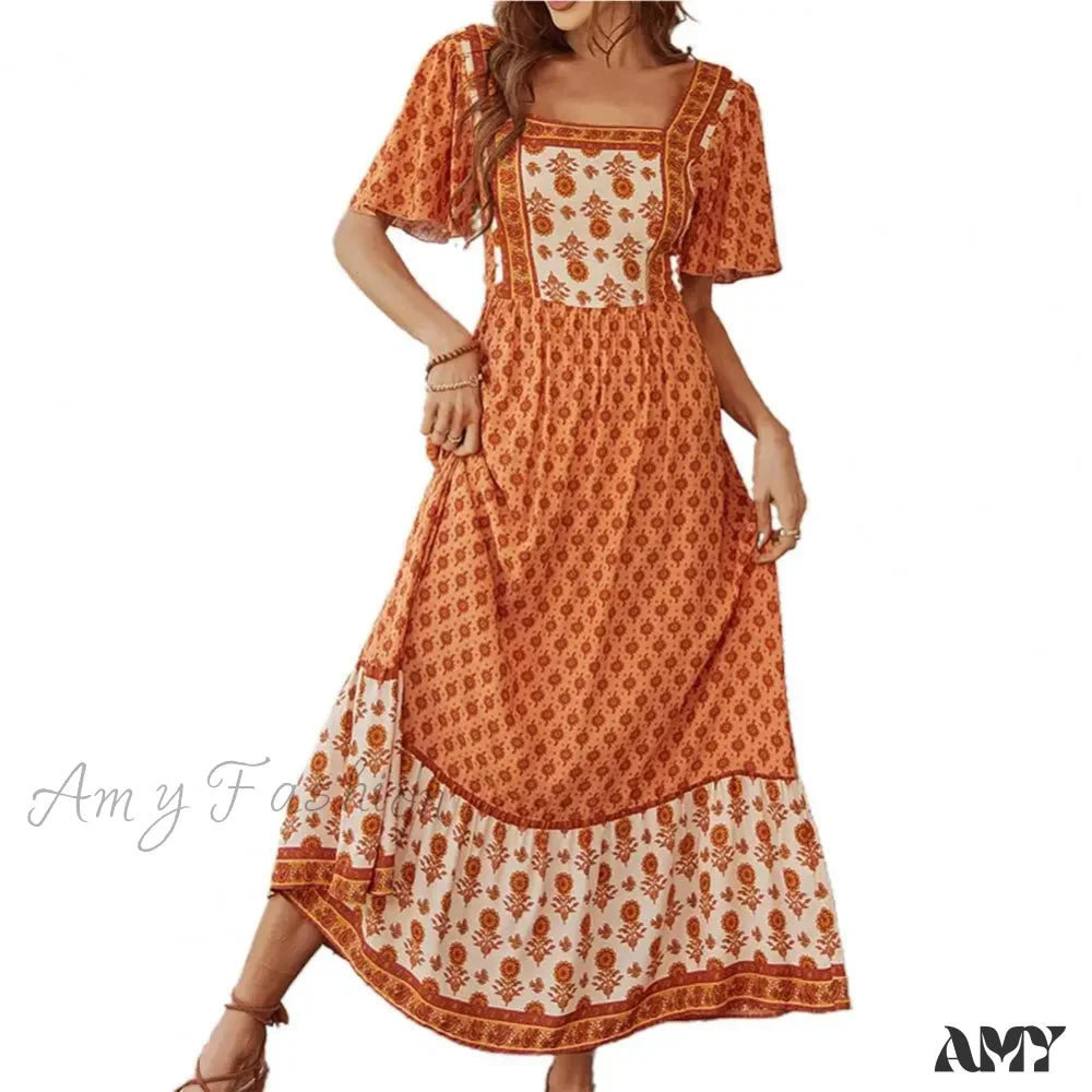 Amy Fashion - Bohemian Floral Print Ruffle Short Sleeve Women Boho Dress Dark Orange / S