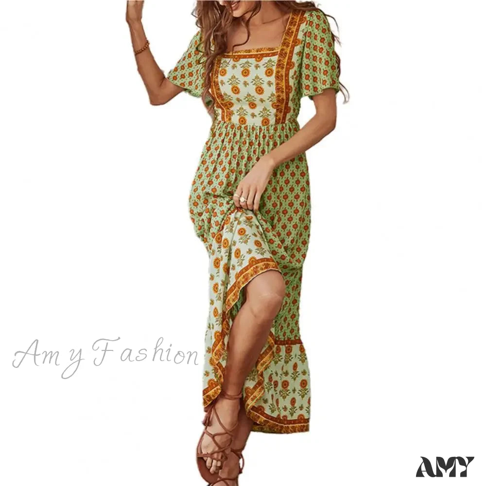 Amy Fashion - Bohemian Floral Print Ruffle Short Sleeve Women Boho Dress Green / S