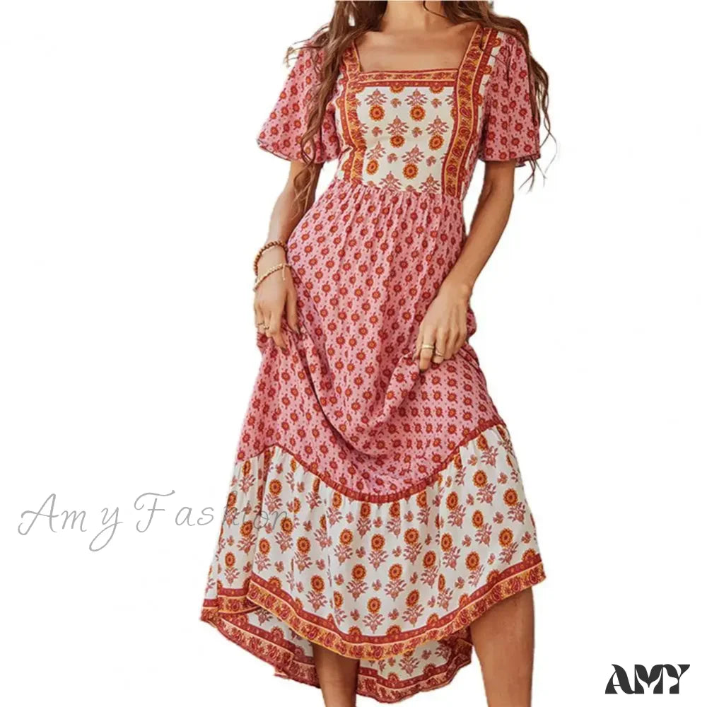 Amy Fashion - Bohemian Floral Print Ruffle Short Sleeve Women Boho Dress Pink / S