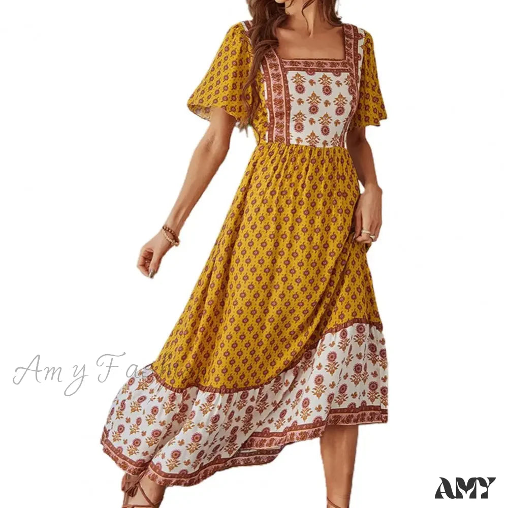 Amy Fashion - Bohemian Floral Print Ruffle Short Sleeve Women Boho Dress Yellow / S