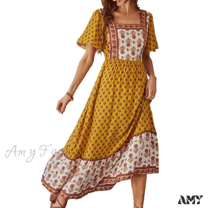 Amy Fashion - Bohemian Floral Print Ruffle Short Sleeve Women Boho Dress Yellow / S