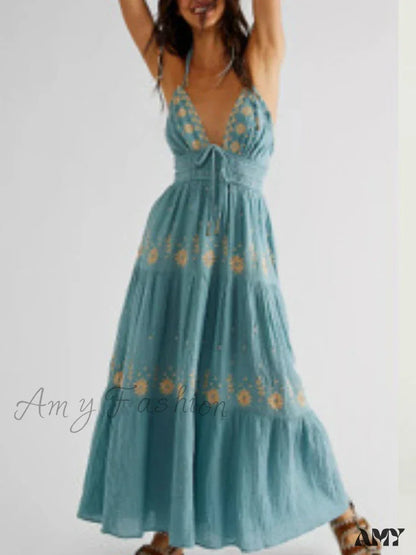 Amy Fashion - Bohemian Flower Birthday Beach Holiday Boho Dress Blue / S