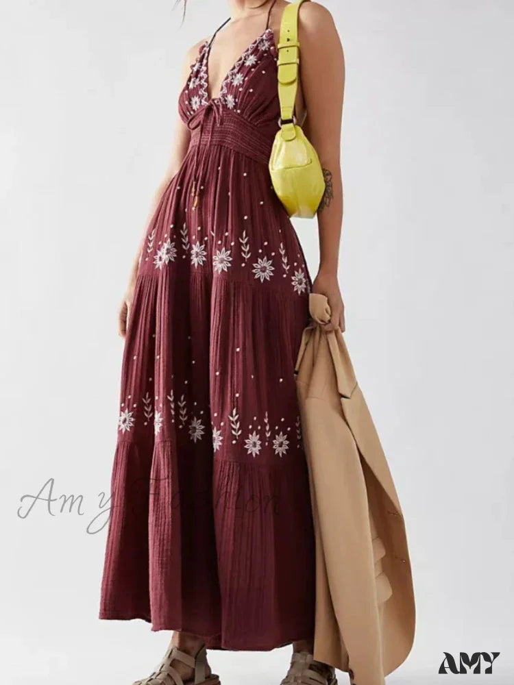 Amy Fashion - Bohemian Flower Birthday Beach Holiday Boho Dress Brown / S