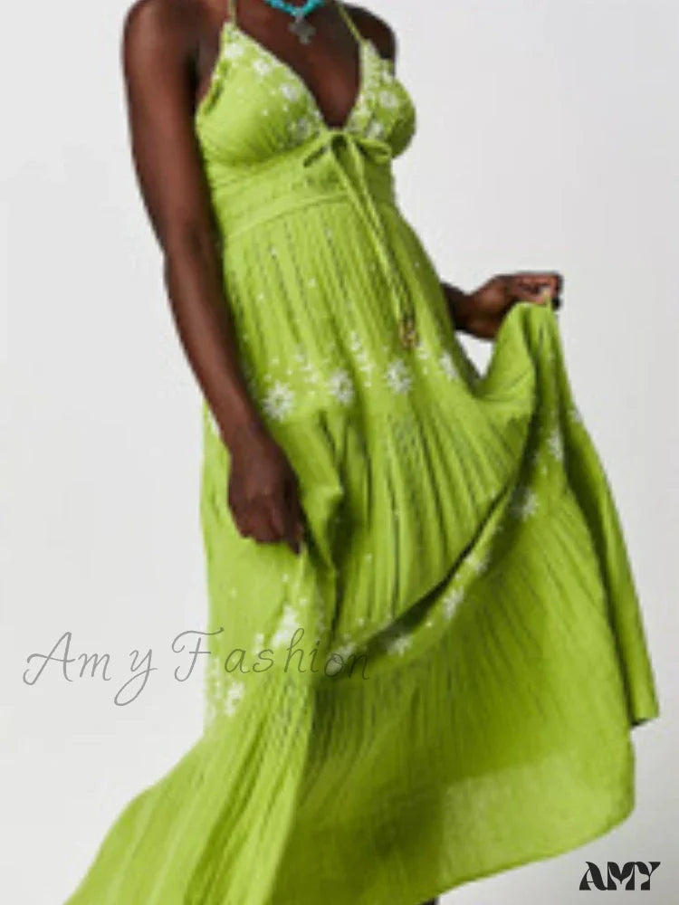 Amy Fashion - Bohemian Flower Birthday Beach Holiday Boho Dress Green / S