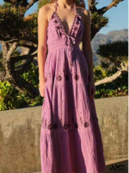 Amy Fashion - Bohemian Flower Birthday Beach Holiday Boho Dress Pink / S