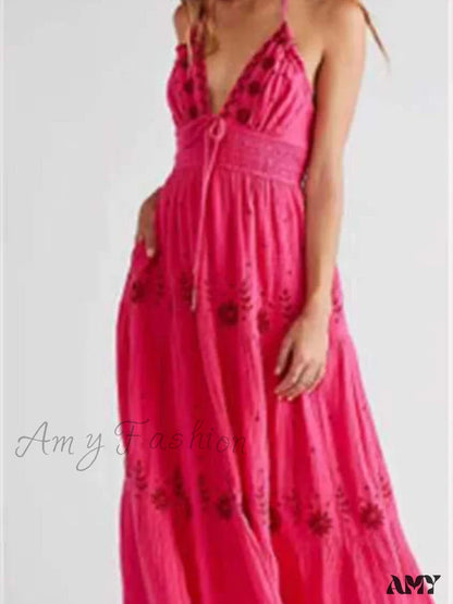 Amy Fashion - Bohemian Flower Birthday Beach Holiday Boho Dress Red / S