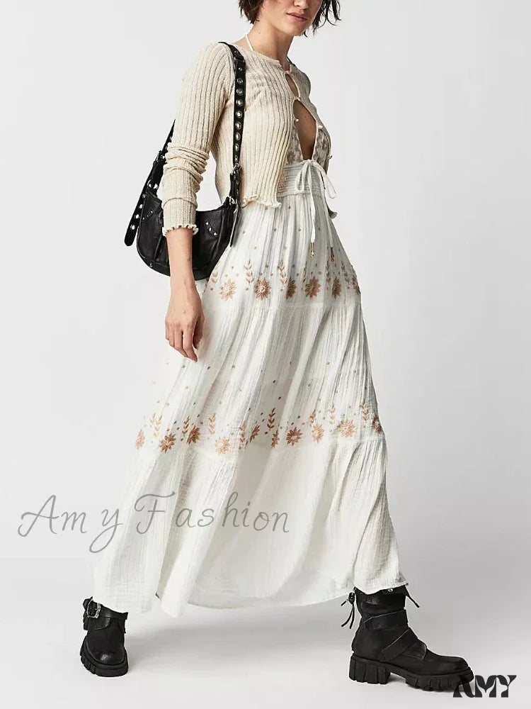 Amy Fashion - Bohemian Flower Birthday Beach Holiday Boho Dress White / S